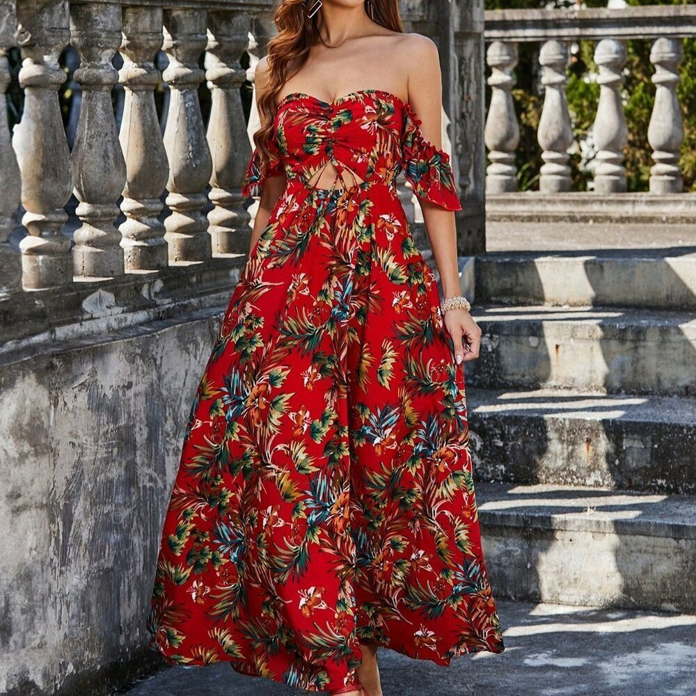 Red Party Women's Off-Shoulder Floral Print Long Formal Dress